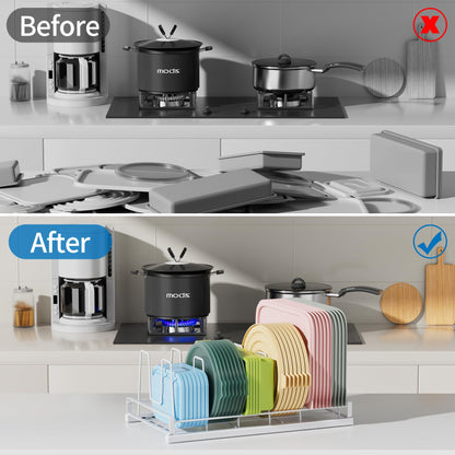 GAGUIUP Food Container Lid Organizer, Adjustable 6 Dividers Full-Metal Pot and Pan Organizer Rack for Kitchen Cabinets, Drawers, Cupboards, Pantry Shelves Storage, White