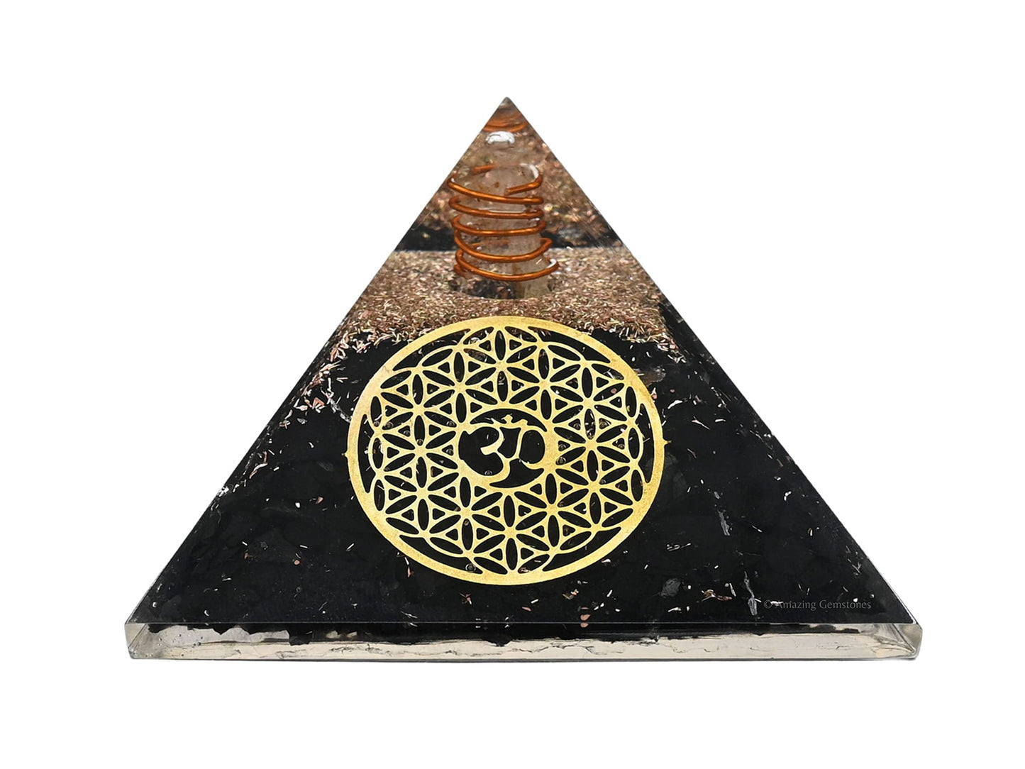 Amazing Gemstone Large Shungite Orgone Pyramid Crystal - OM with Flower of Life Orgonite Pyramid - Positive Energy Healing