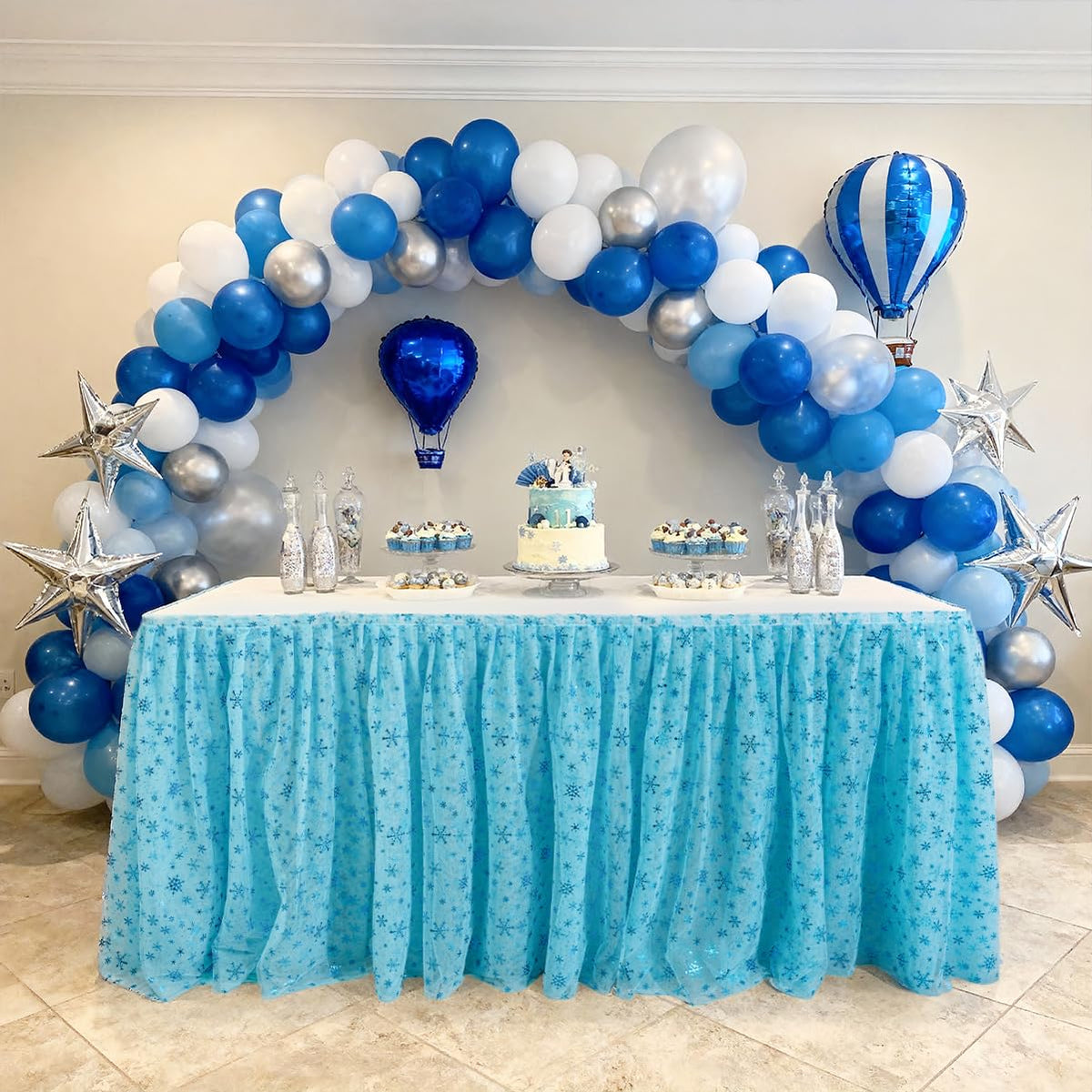 Deugold 6ft Blue Table Skirts Party Birthday Decorations,2 Pack Table Cloth Desk Skirts for Baby Shower Princess Girls Cake Dessert Buffet Decorations