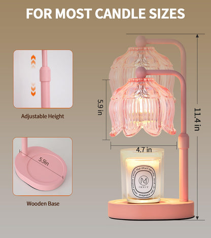 MEIXISUE Pink Flower Candle Warmer Lamp with Timer Dimmer, Adjustable Height No Flame Wax Warmer for Jar Candles, Ideal Gifts for Mom Women, ‌Housewarming New Home Bedroom Decor with 2 Bulbs