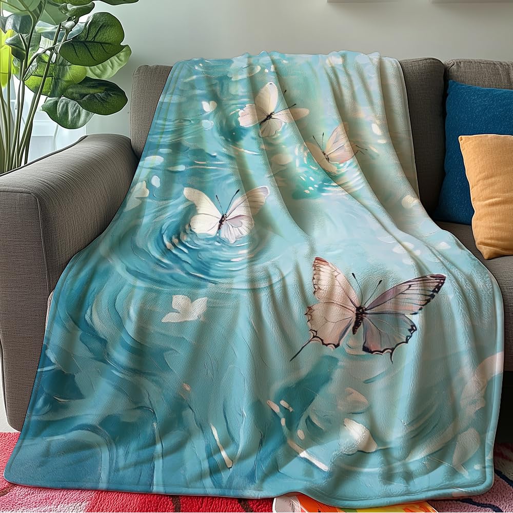 HUNXIAOJ Butterfly Print Throw Blanket Floral Butterfly Blanket Insect Throw Warm Soft Flannel for Adults Bed Sofa Couch (50 in x 60 in)