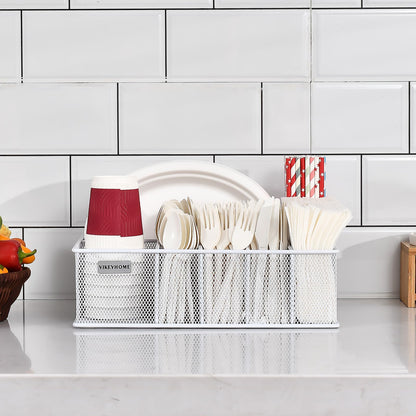 VIKEYHOME Paper Plate Organizer, Metal Silverware Caddy with 6 Compartments for Knives, Spoons, Cups, Forks, Napkins, Utensil Holder for Party, Camping, Picnic, White