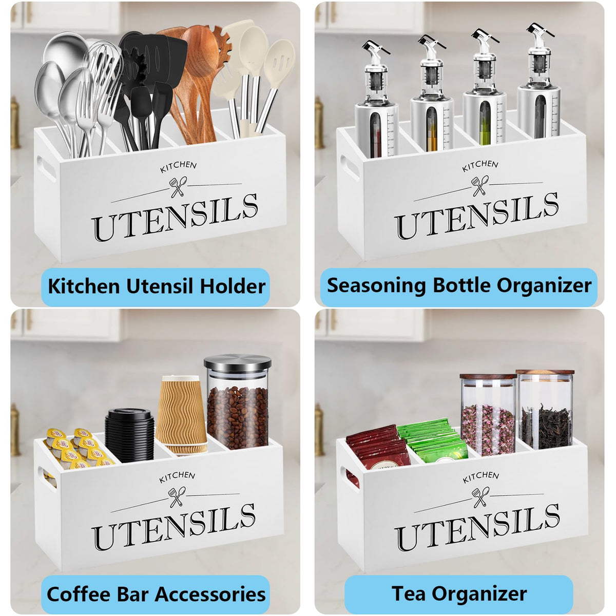 Kitchen Utensil Holder with 4 Compartments, Wooden Utensil Organizer for Countertop, Ideal for Storage and Organization, Rustic Cooking Utensil Kitchen Tool, White