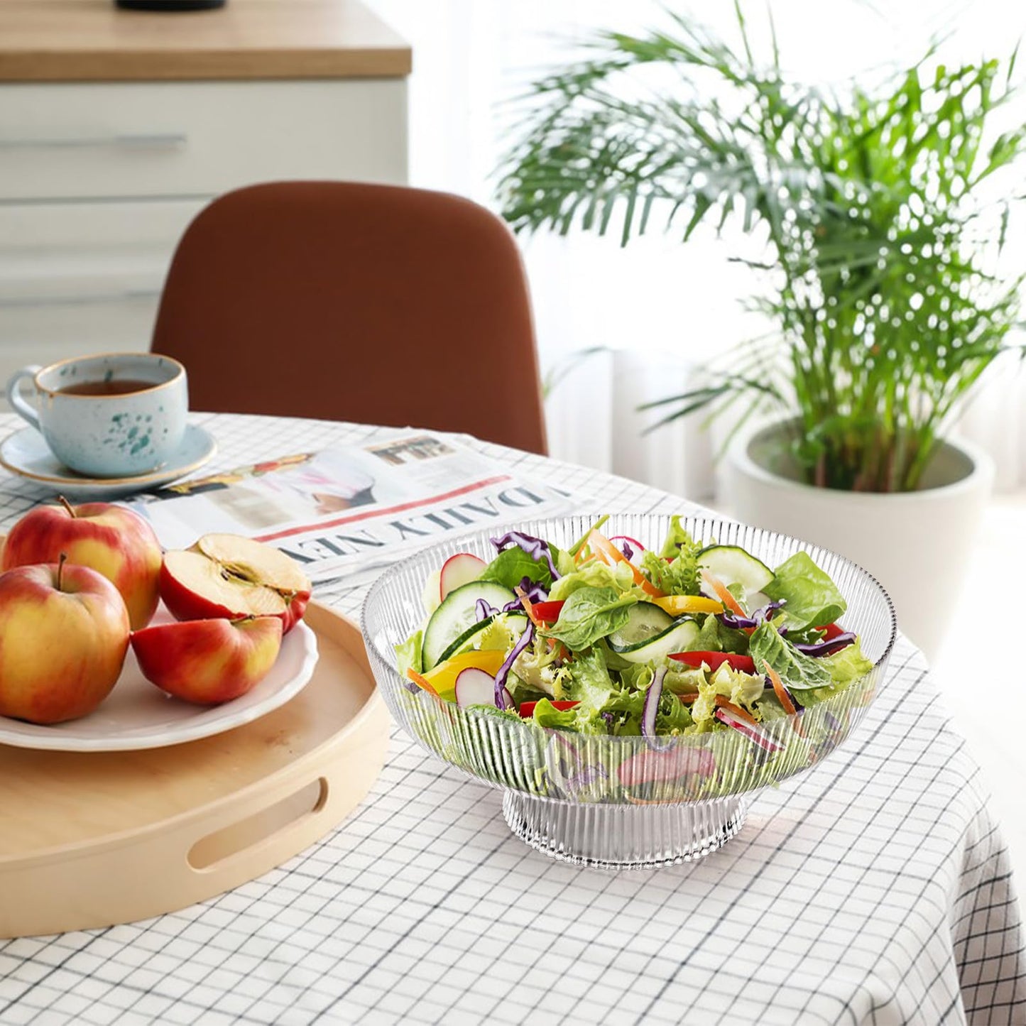 ZOOFOX Fruit Bowl for Kitchen Counter, Large Decorative Glass Bowls with Pedestal, Ribbed Pedestal Bowl for Fruit, Vegetable, Salad and Dessert, Key Bowls for Entry Table