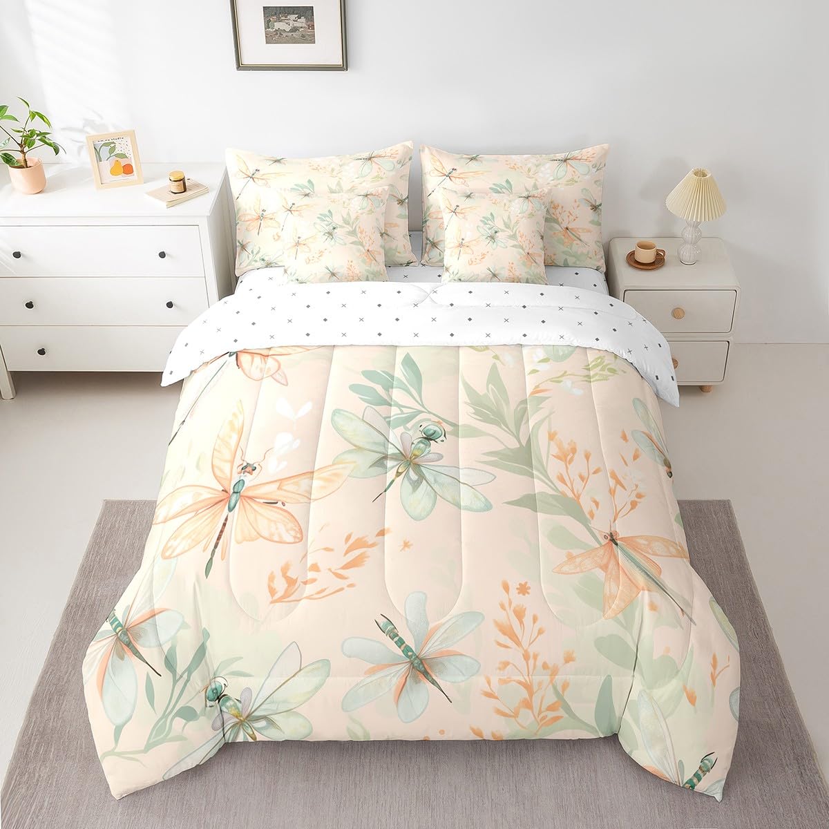 Erosebridal Dragonfly Full Bedding Sets 7-Piece Chic Animal Comforter Set Green Plants Comforter Set with Sheets Spring Theme Bed in A Bag,Beige Bed Sheets Set Butterfly Kids Girls Room Decor