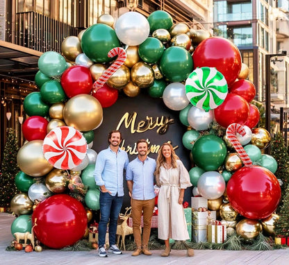 Christmas Balloon Arch Kit, Double Stuffed Red Green White Pearl Balloon Garland Sage Green Red Gold Balloons With Candy Cane Balloons for Christmas Birthday Xmas Santa Holiday New Year Party Decor