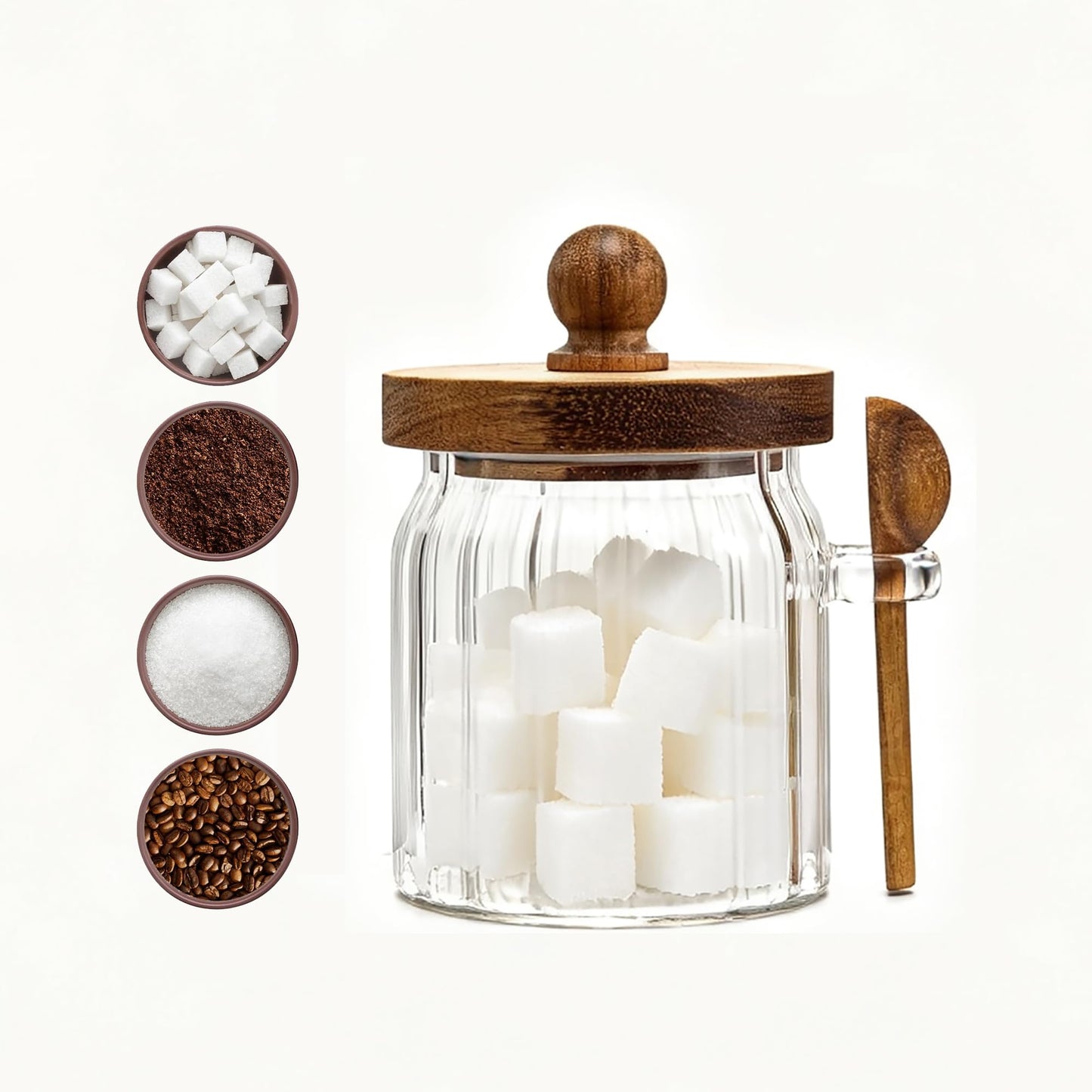 Steviieden Vintage Glass Jar Sugar Container with Wooden Spoon Lid, 14 FL OZ Airtight Glass Jar for Coffee Cereal Candy Nuts Salts Coffee Tea Spice