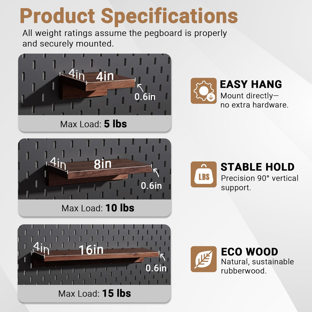 SEMPOMA Pegboard Shelf Set Compatible with IKEA Skadis Pegboard - Walnut Finish Wood Shelves, 4-Pack No Assembly Pegboard Wall Organizers