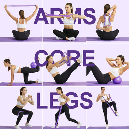 ElaraFit Home Pilates Ring and Ball Set for Women with 5 Resistance Bands 13 inch Magic Circle Workout Starter Kit for Beginners Full Body Toning 15 Min Daily Routine,Purple Mix