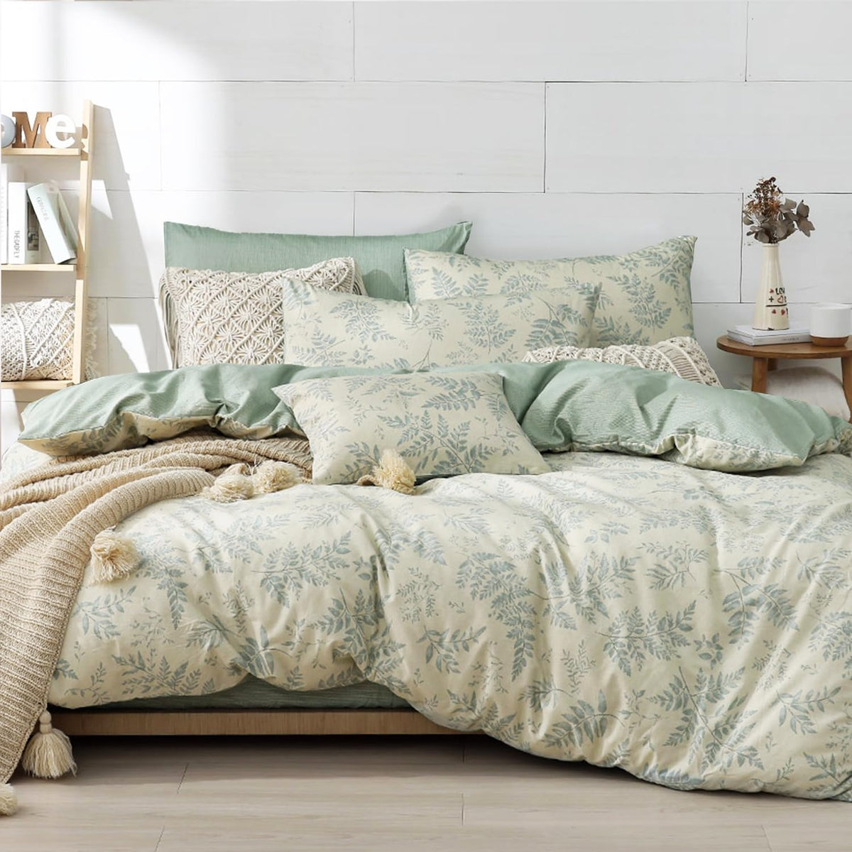 LEMIROE Botanical Cotton Comforter Queen Size - Dusty Green Comforter Printed with Luxurious Greyish-Green Ferns on Beige,Reversible Lightweight Bedding Sets 3Pcs(90"×90")