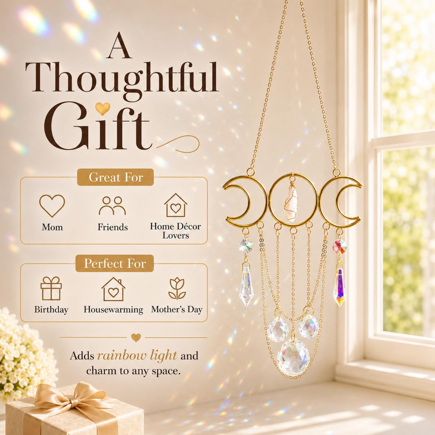 Bohemian Moon Crystal Suncatcher, Hanging Crystal Decoration for Window