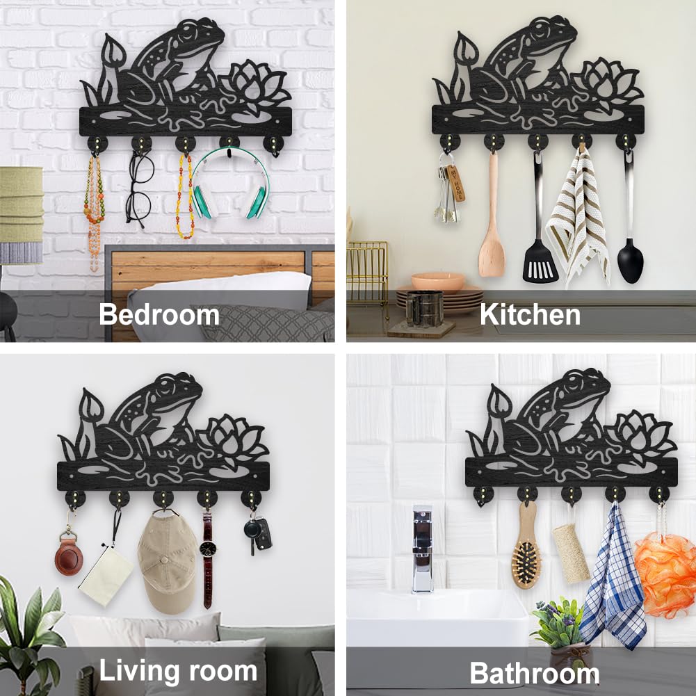 MAYJOYDIY Wooden Frog Lotus Flower Coat Hooks Summer Pond Key Holder for Wall 11.8×7.9inch Decorative Wall Hooks for Hanging with 5 Alloy Hooks for Entryway Kitchen Office Gift