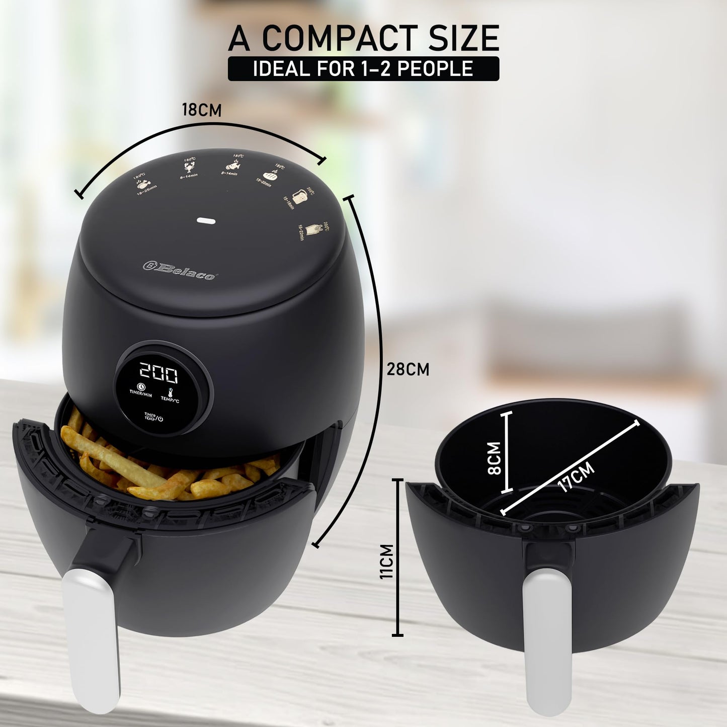 Belaco Air Fryer, 2L Digital Display, Rapid Air Circulation, Air Fryers, 60 Min Timer, Adjustable Temperature, Dishwasher Safe Basket BEL-AF-02