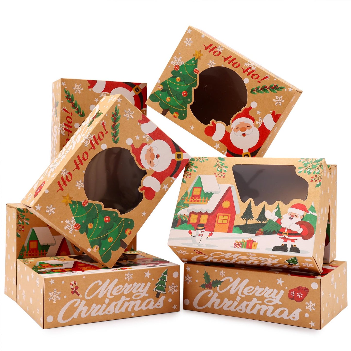 CHOUNYEE 24 Pack Christmas Cookie Boxes - 8.25"x6"x2.75" Brown Kraft Bakery Box with Window for Holiday Treats, Gift Exchange Box for Baked Goods, Cookie Tins with Lids for Gift Giving