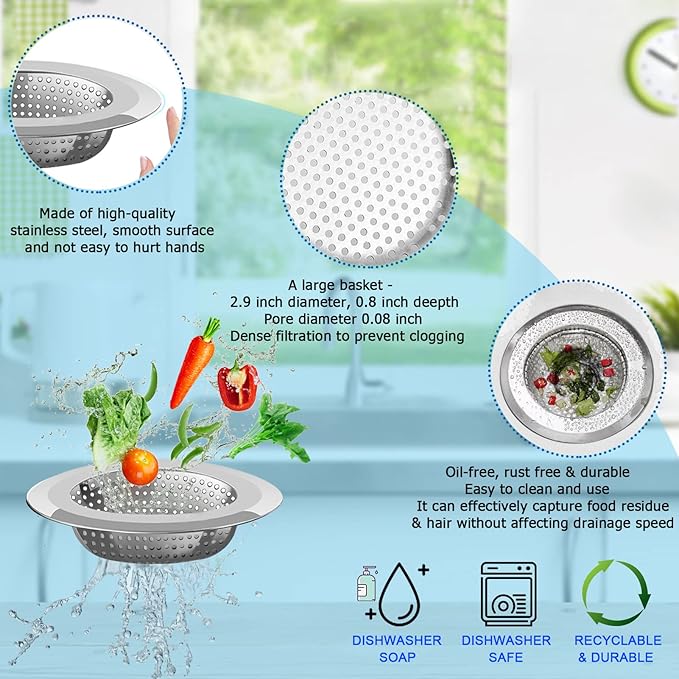 Kitchen Sink Drain Strainer, 4 Pack Stainless Steel and Black Mesh Sink Strainer