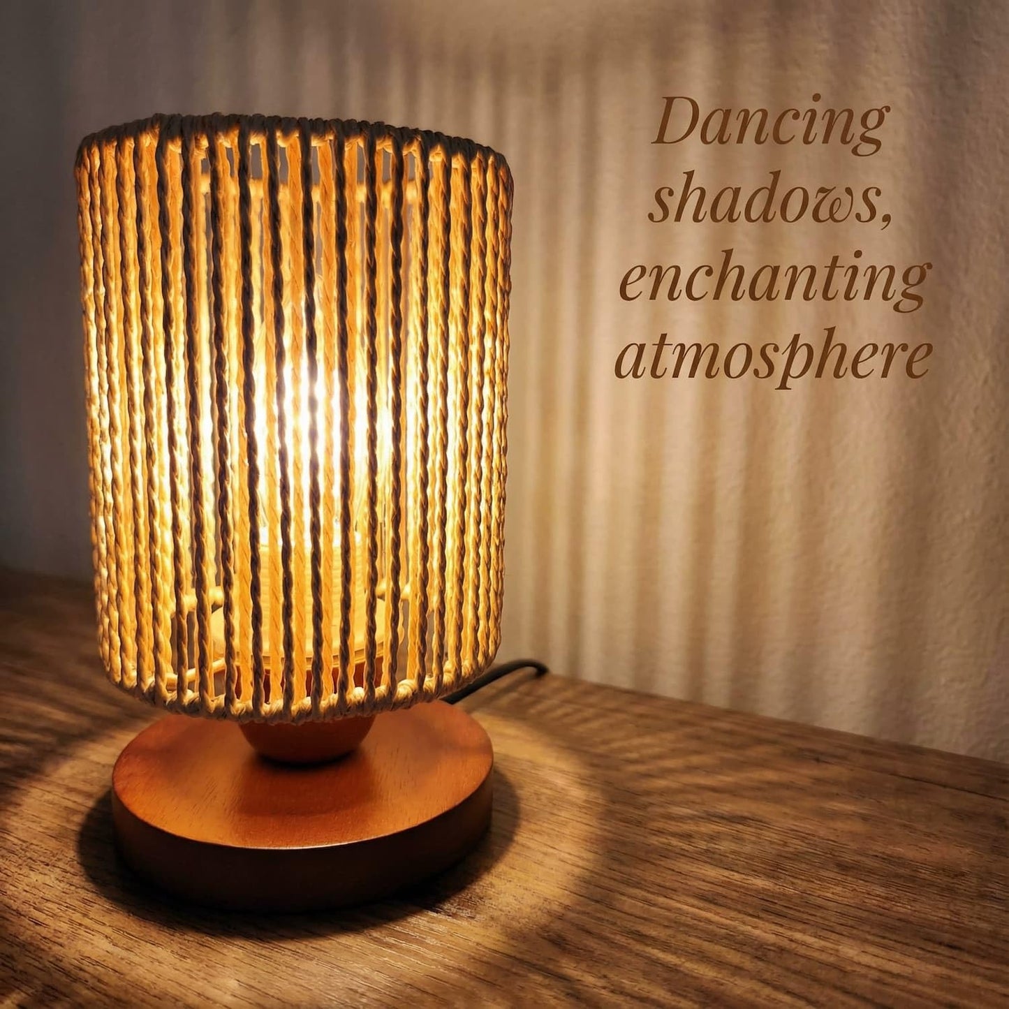 DKCONONY Small Rattan Table Lamp for Bedroom, Boho Bedside Lamp with Warm LED Bulb, Handwoven Wicker Nightstand Lamp for Nursery, Entryway & Dorm, Mini Ambient Night Light with Wood Base (8.6" Tall)