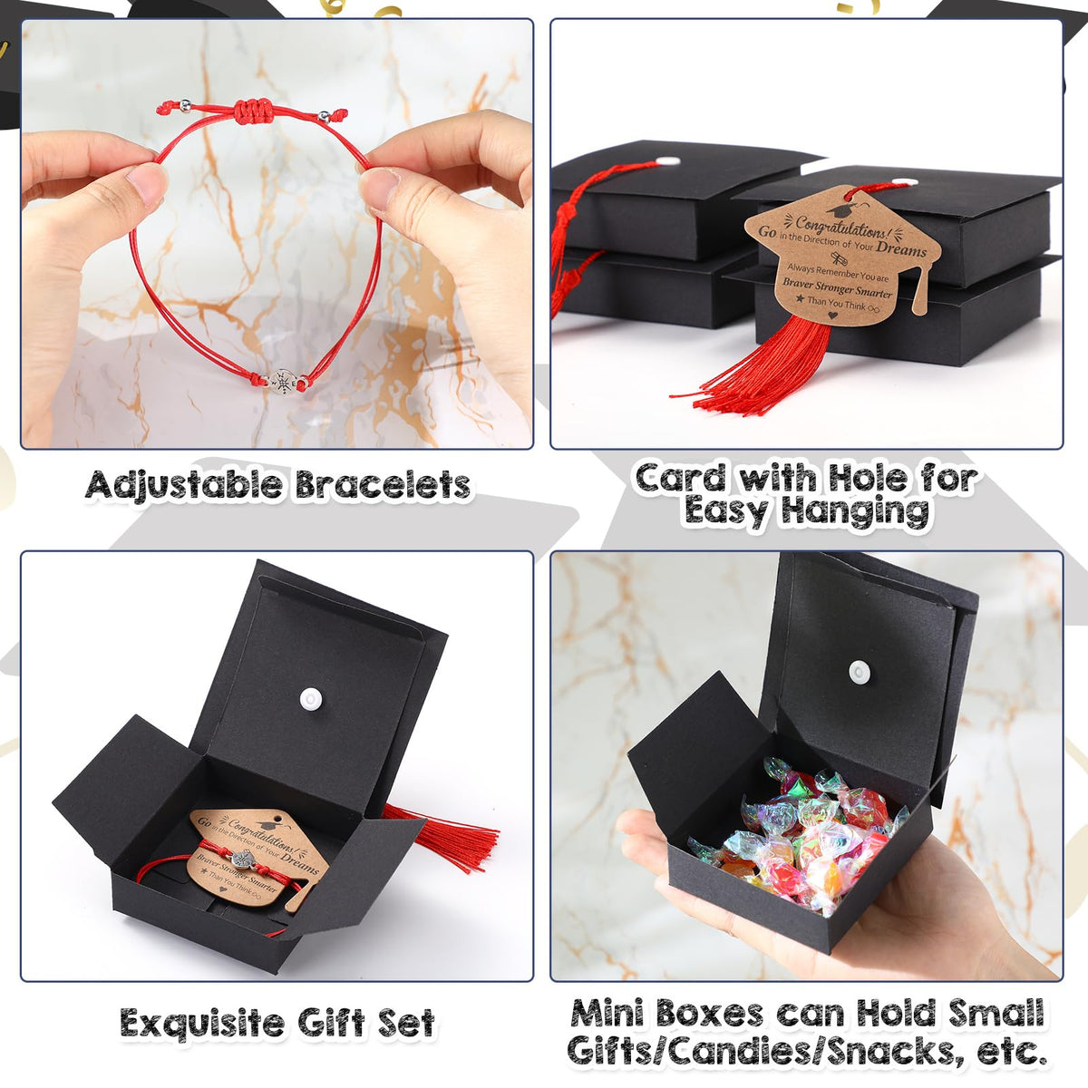 Cunno 50 Sets 2026 Graduation Gifts Bulk Include 50 Compass Bracelet 50 Graduation Cap Box with Tassel 50 Congratulations Cards, Party Favors Party Supplies for Him Her(Black Red)