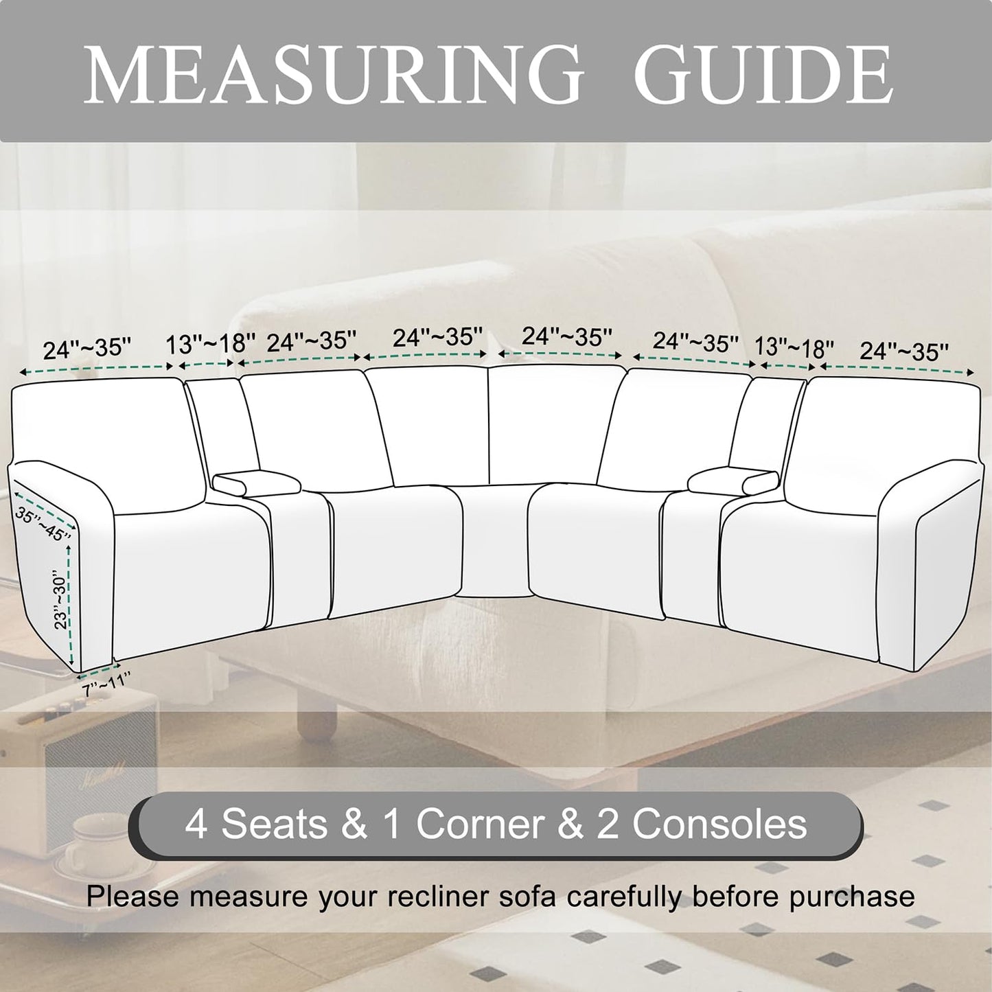 HDCAXKJ Reclining Sectional Couch Covers Velvet L Shaped Sectional Sofa Cover Washable Stretch Soft Corner Recliner Slipcover with Non-Slip Elastic Bottom (5 Seat and 2 Middle Console, Light Gray)