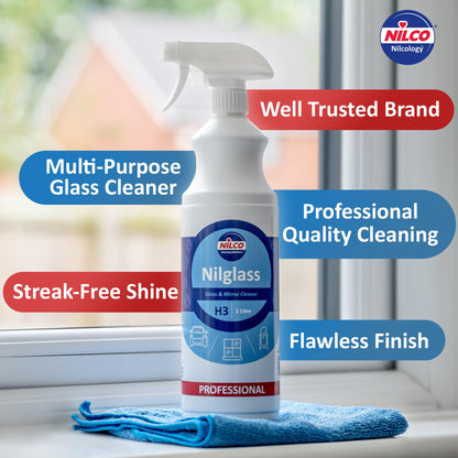 Nilco Set of 2 Nilglass Professional H3 Glass Mirror Cleaner 1 Litre - Trigger Spray Bottle For Cars Homes Window Cleaning No Smears Quick Easy to Use Also Very Good on Chrome - TWO PACK