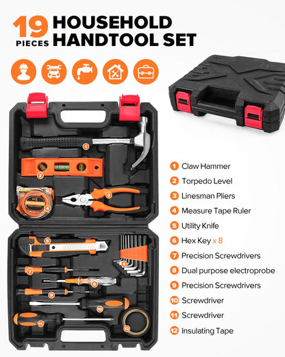 19pcs Household DIY Tool Set, Basic Tools for Home, Office, Dorm, General Hand Kit with Storage Case