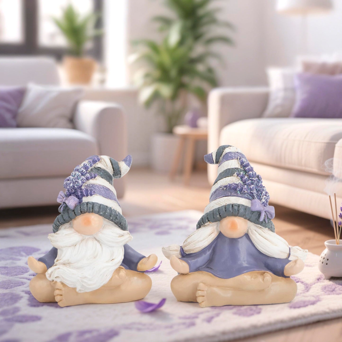 Hodao 2PCS Zen Lavender Meditation Gnomes Figurines Set- Yoga Themed Inspired Home Table & Shelf Decor for Relaxation & Serene Living Spaces Yoga Lavender Decor Retirement Gifts for Women