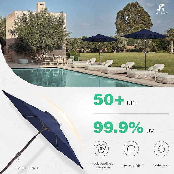 JEAREY 7.5FT Patio Umbrella Outdoor Market Umbrella with 6 Sturdy Ribs, Push Button Tilt/Crank Table Umbrella for Garden, Deck, Backyard and Pool, Navy