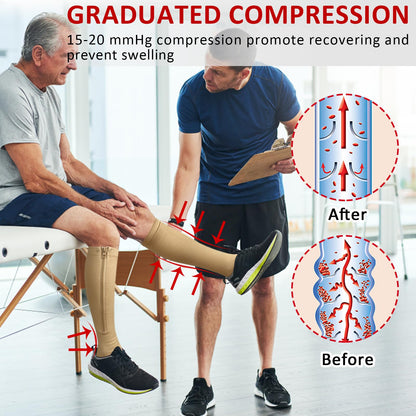 Ailaka Zipper 15-20 mmHg Compression Socks for Women Men, Knee High Open Toe Support Graduated Medical Varicose Veins Hosiery for Edema, Swollen, Pregnancy, Recovery (1 Pair)