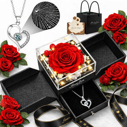 cdco Valentines Day Gifts for Her Women Girlfriend Wife Fiancée - Preserved Real Rose with Heart Necklace “I Love You” in 100 Languages, Valentine's Forever Flowers