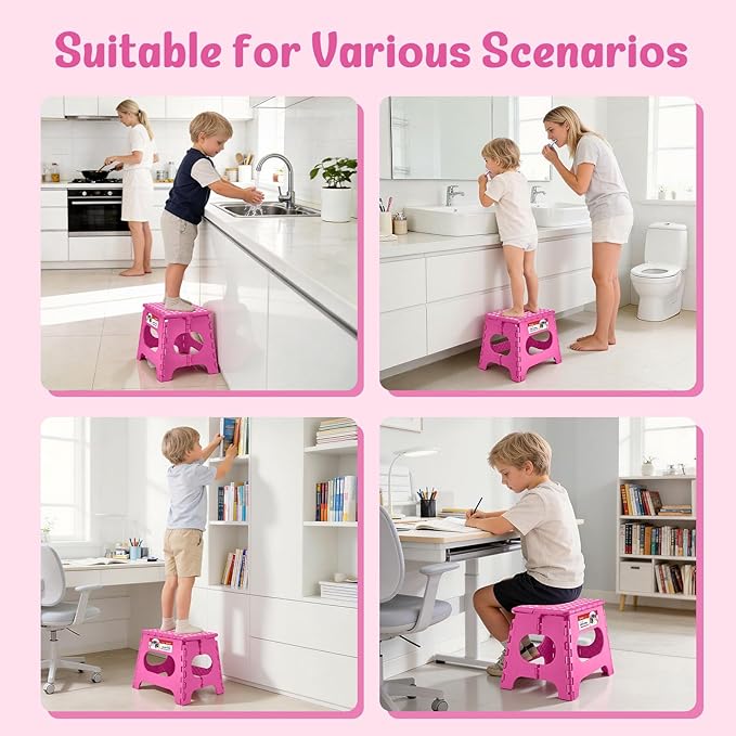 ACSTEP Folding Step Stool 11 Inch, Sturdy Plastic Foldable Step Stool for Kids & Adults, Non Slip Lightweight Collapsible Foot Stools Holds 300 lbs, Ideal for Kitchen, Bathroom, Bedroom, Rose red