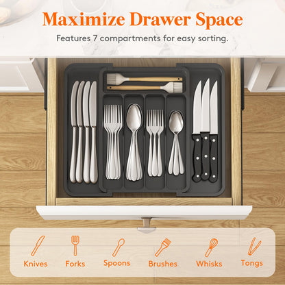 Lifewit Silverware Drawer Organizer, Expandable Utensil Tray for Kitchen, BPA Free Flatware and Cutlery Holder, Adjustable Plastic Storage for Spoons Forks Knives, 8.5"-14.1" x 12.1", Black