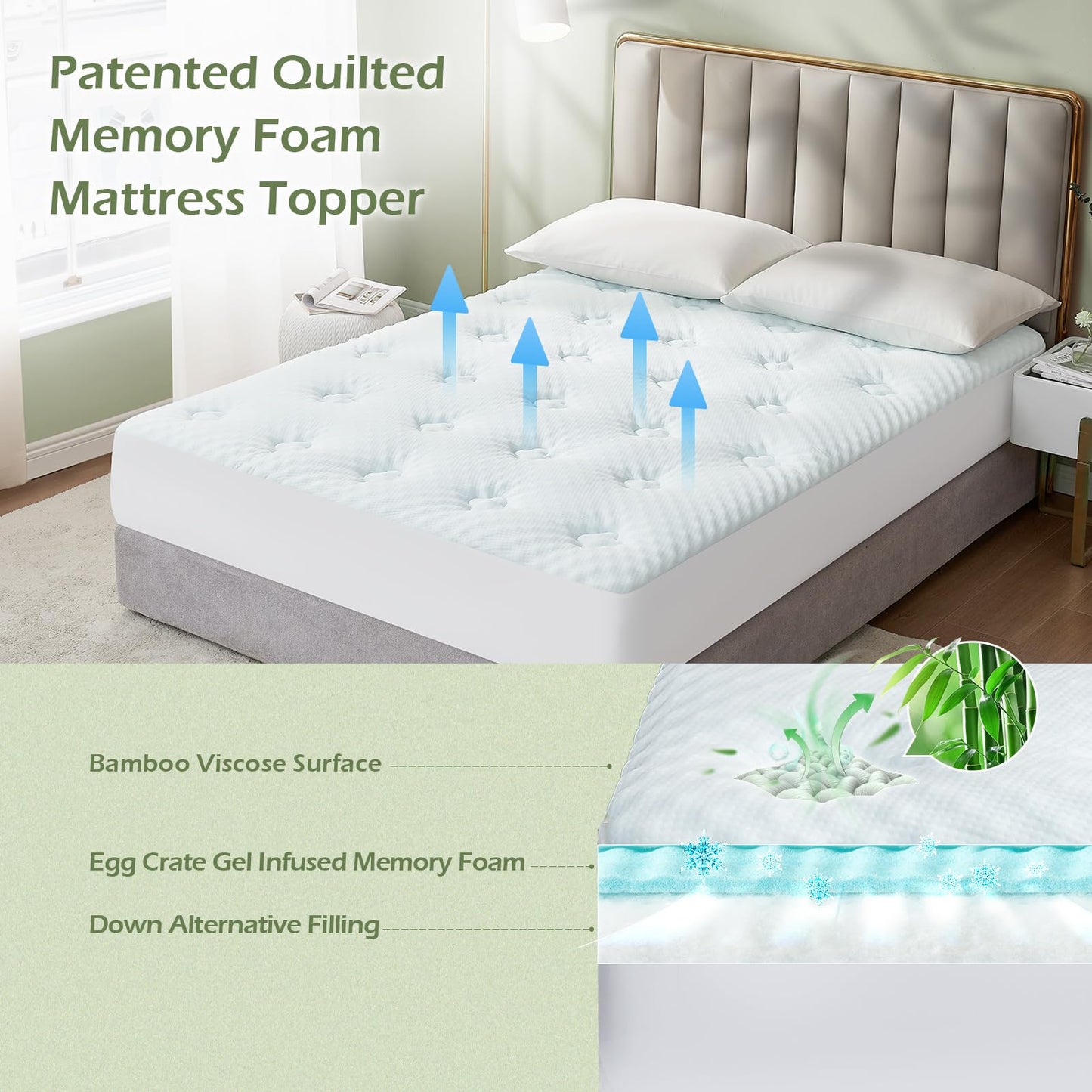Hansleep Memory Foam Mattress Pad Topper Queen, Queen Foam Mattress Topper Viscose Derived from Bamboo, Queen Size Bed Mattress Pad Cover for Back Pain Relief, 60" x80", White
