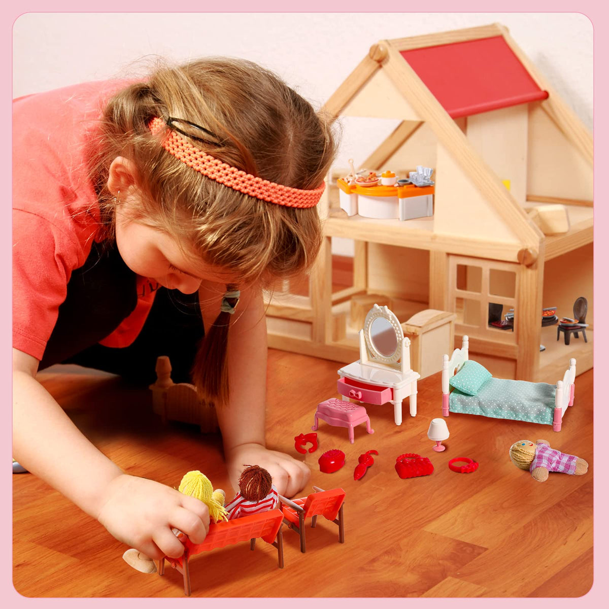 HyDren 83 Pcs Wooden Plastic Dollhouse Furniture Set with 8 Flexible Dolls for 5 Rooms Kits Kitchen Dining Living Room Bedroom Bathroom Modern Dollhouse Accessories and Furniture Toys for Girl Boy