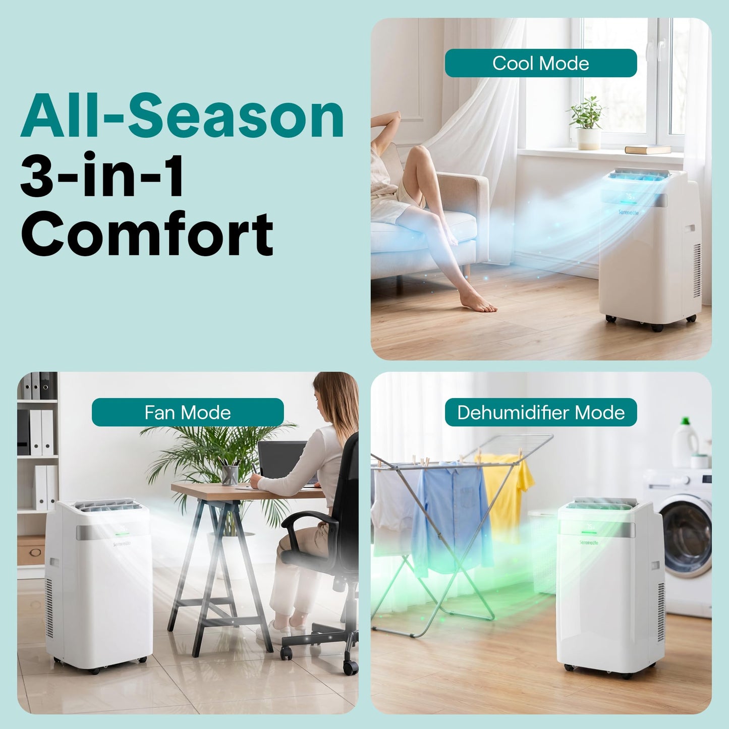 SereneLife Portable Air Conditioner with Wi-Fi, 12,000 BTU Cooling, Compact AC Unit with Window Mount Kit, Dehumidifier & Fan Modes, Adjustable Temperature, Ideal for Bedrooms, White