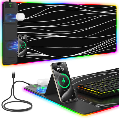 Mouse Pad with Foldable Phone Holder & Wireless Charger, XXL RGB Gaming Mousepad 31.5"x15.8" Large Desk Mat for Keyboard, Black Desk Pad with Dual Qi Charging Station | 11 Colors 5 Modes | Waterproof