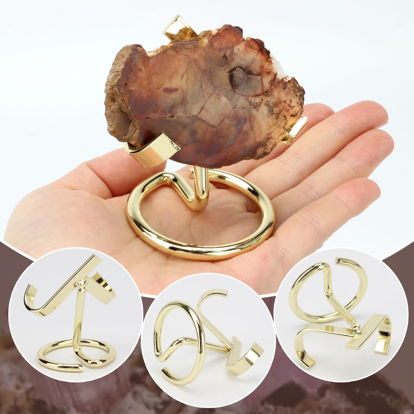 KCGANI 4 Pcs Metal Crystal Display Shelf, Rock Display Stands Crystal Holder Heart, Golden Display Stand for Mineral Gemstone Agate Fossil Coral Jewelry Showcasing for Home Shop Office Use