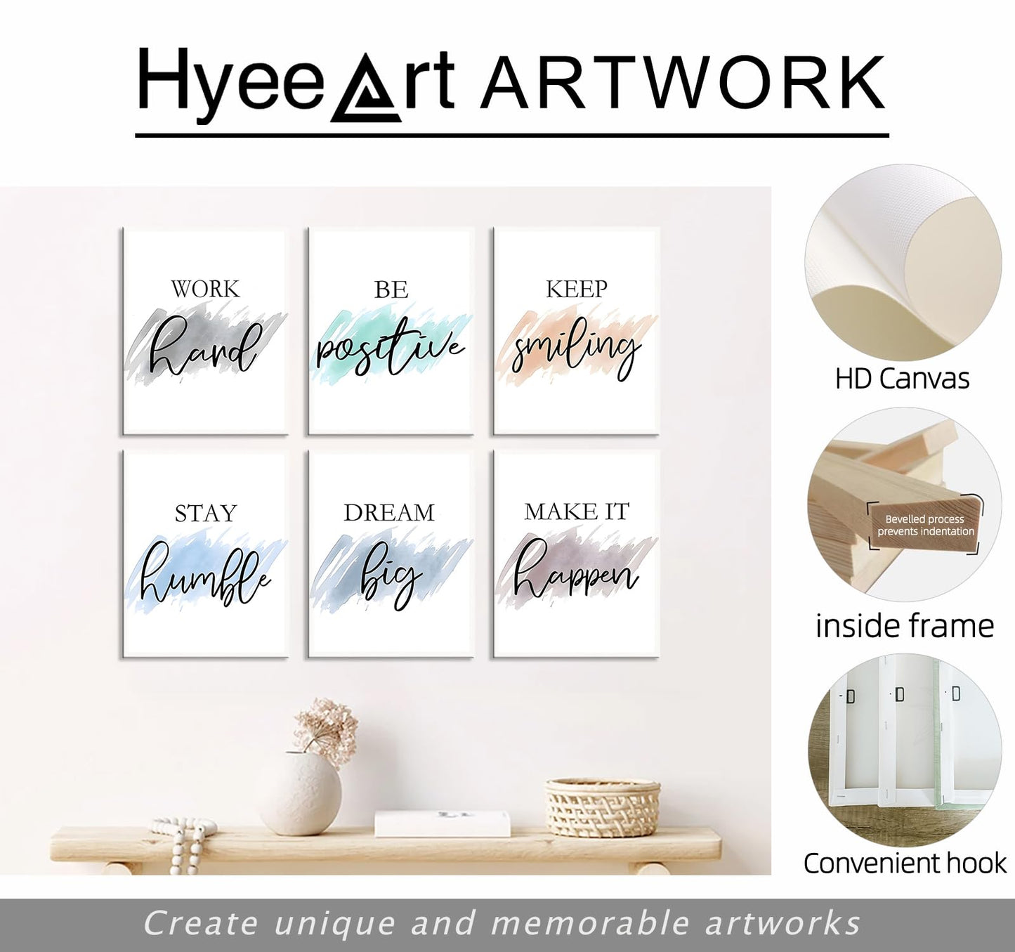 Framed Canvas Wall Art Set of 6 for Bedroom Living Room Wall Decor, Motivational Wall Decor Inspirational Office Wall Art Quotes for Living Room, 8x10 Inch