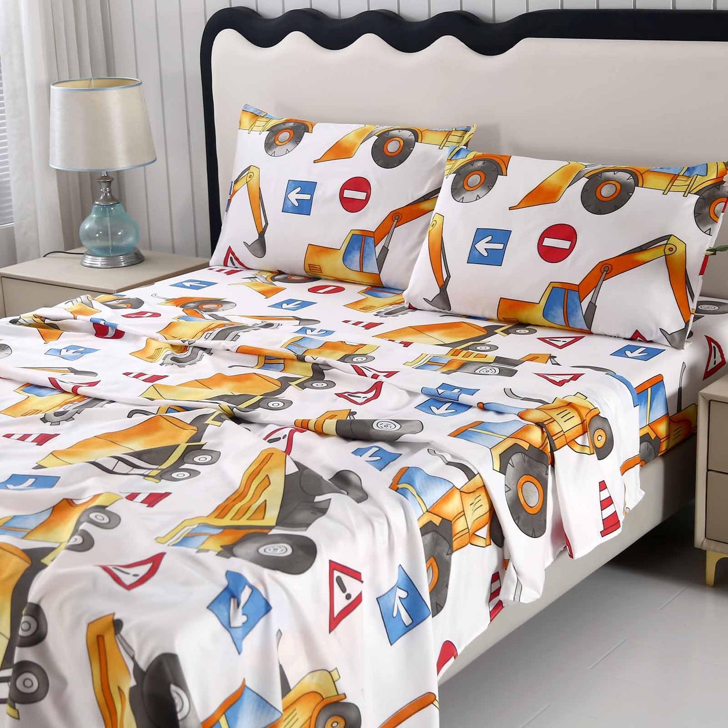 SDY 4 Pieces Tractor Sheets Full,Cozy Construction Sheets for Kids Boys Girls Teens,Car Sheet Set Included 1 FittedSheet with 14'' Deep Pocket + 1 Top FlatSheet + 2 Pillowcases