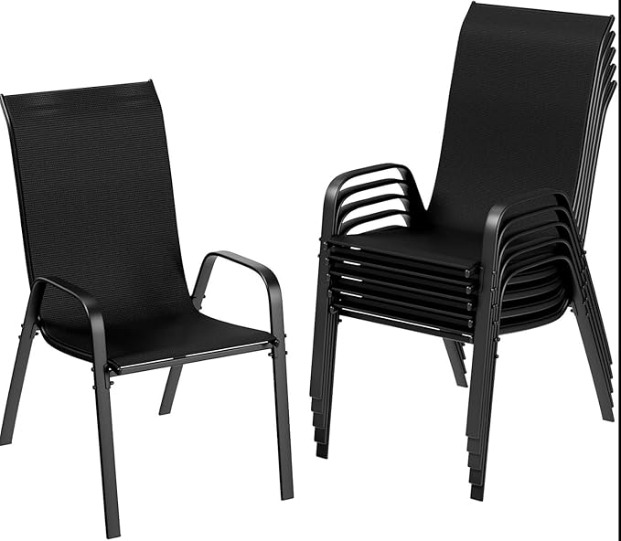 MAMIZO Patio Dining Chairs, Stackable All Weather Teslin Chair, Heavy Duty Outdoor Breathable Chairs Set, w/Armrests, Upgraded Chair FeetW/Strenthened Iron Spacers, 330 LBS (6, Black)
