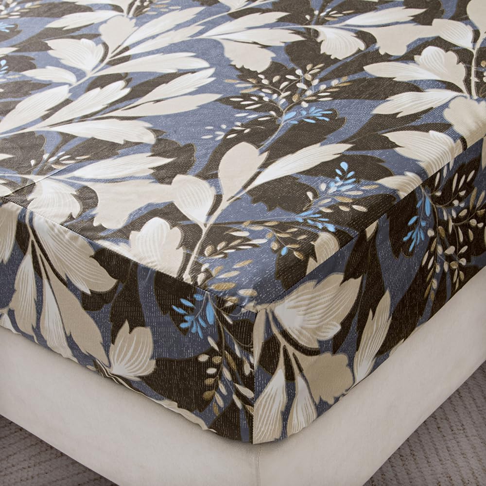 NATURETY Bedding Fitted Sheet with Deep Pocket,Leaf Designs Printed Thicken Fabric Bed Sheets (Gray Leafs, Twin)