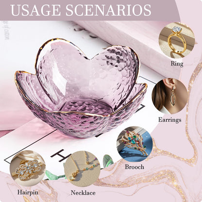 Purple Flower Jewelry Dish Glass Ring Holder Dish Jewelry Tray Cute Vanity Organizer Aesthetic Nightstand Bathroom Room Decor Trinket Dish Valentine's Friendship Christmas Birthday Gifts for Women