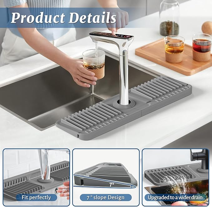 PoYang 17.7 inch Faucet Mat for Kitchen Sink Splash Guard, 7° Slope Silicone