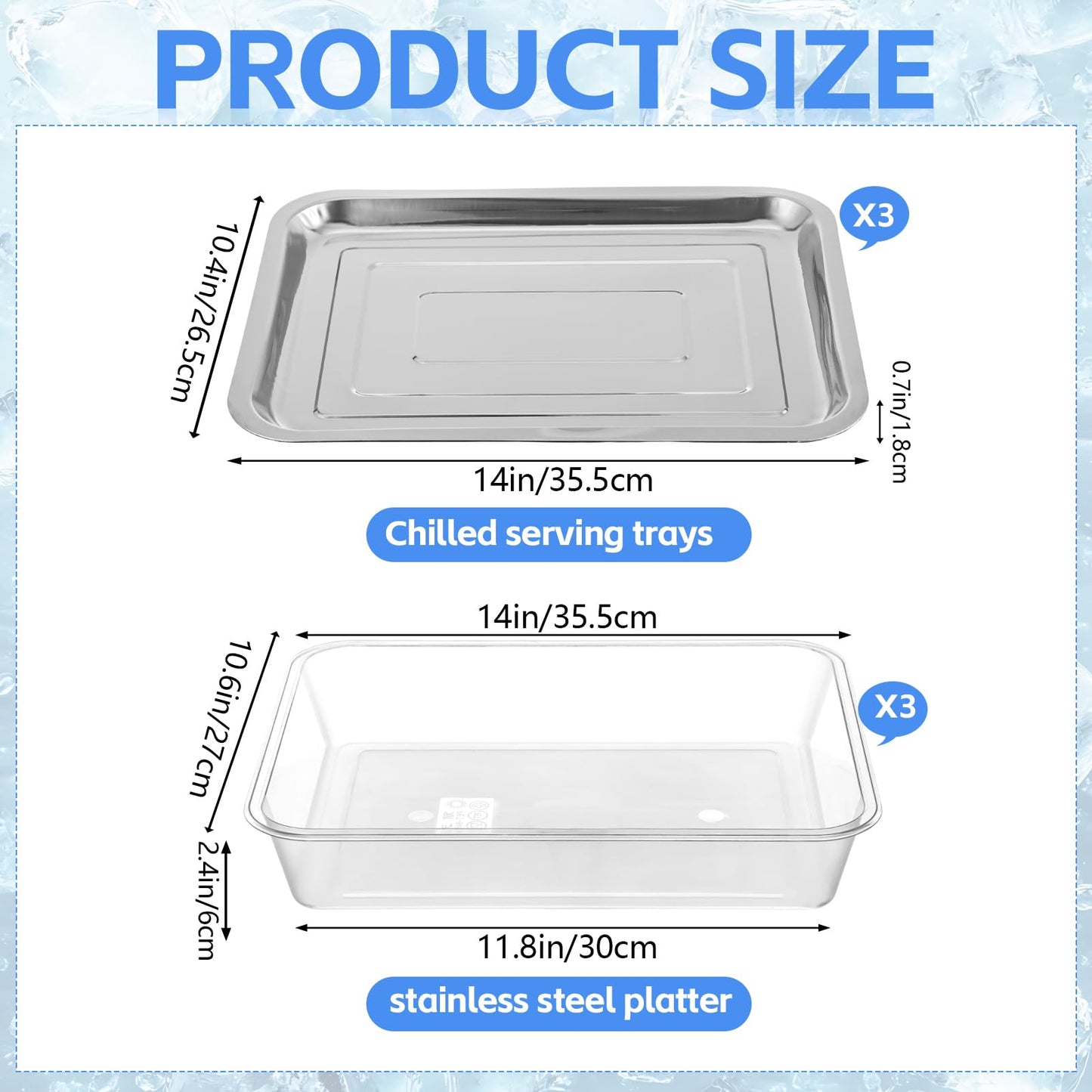 3 Set 14.2 Inch Chilled Serving Trays for Parties, Shrimp Cocktail Serving Dish with Compartments, Stainless Steel Ice Chilled Party Cooling Charcuterie Serving Board for Fruit Veggies Shrimp Cocktail