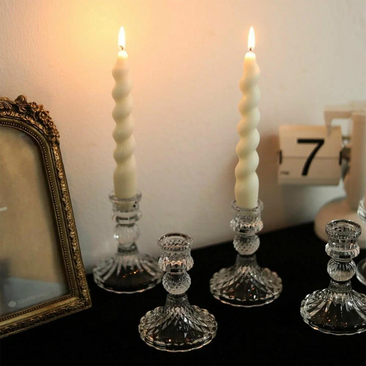 6 Pack Glass Taper Candlestick Holders, Clear Candlestick Holders, 4" H Stripe Crystal Candle Holders Decorative Candle Stand Centerpiece for Wedding, Festival, Dinning Party Table Decor