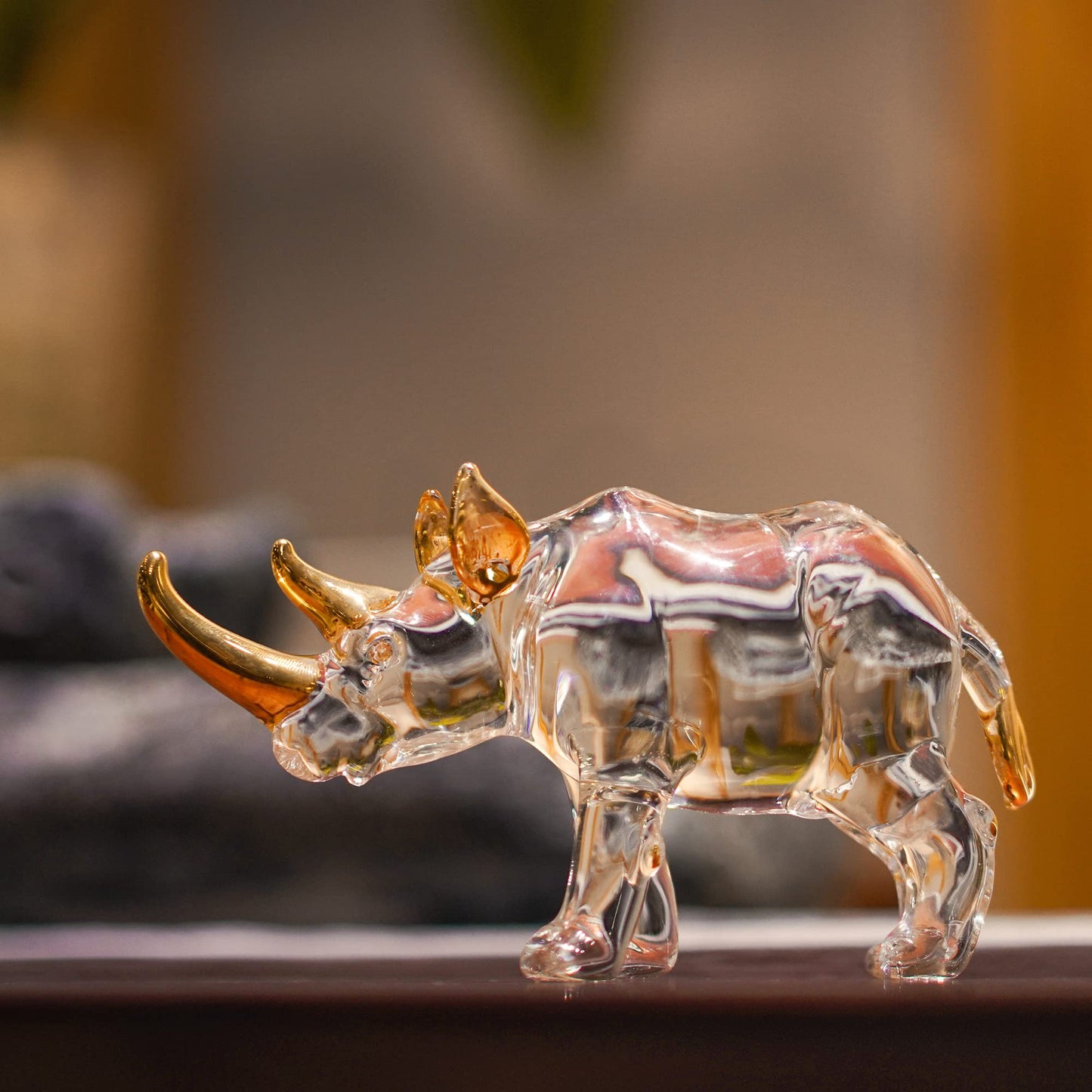 YU FENG 6'' Blown Glass Rhinoceros Animal Figurines Collectibles Crystal Art Rhino Wildlife Paperweight (Clear and Golden)