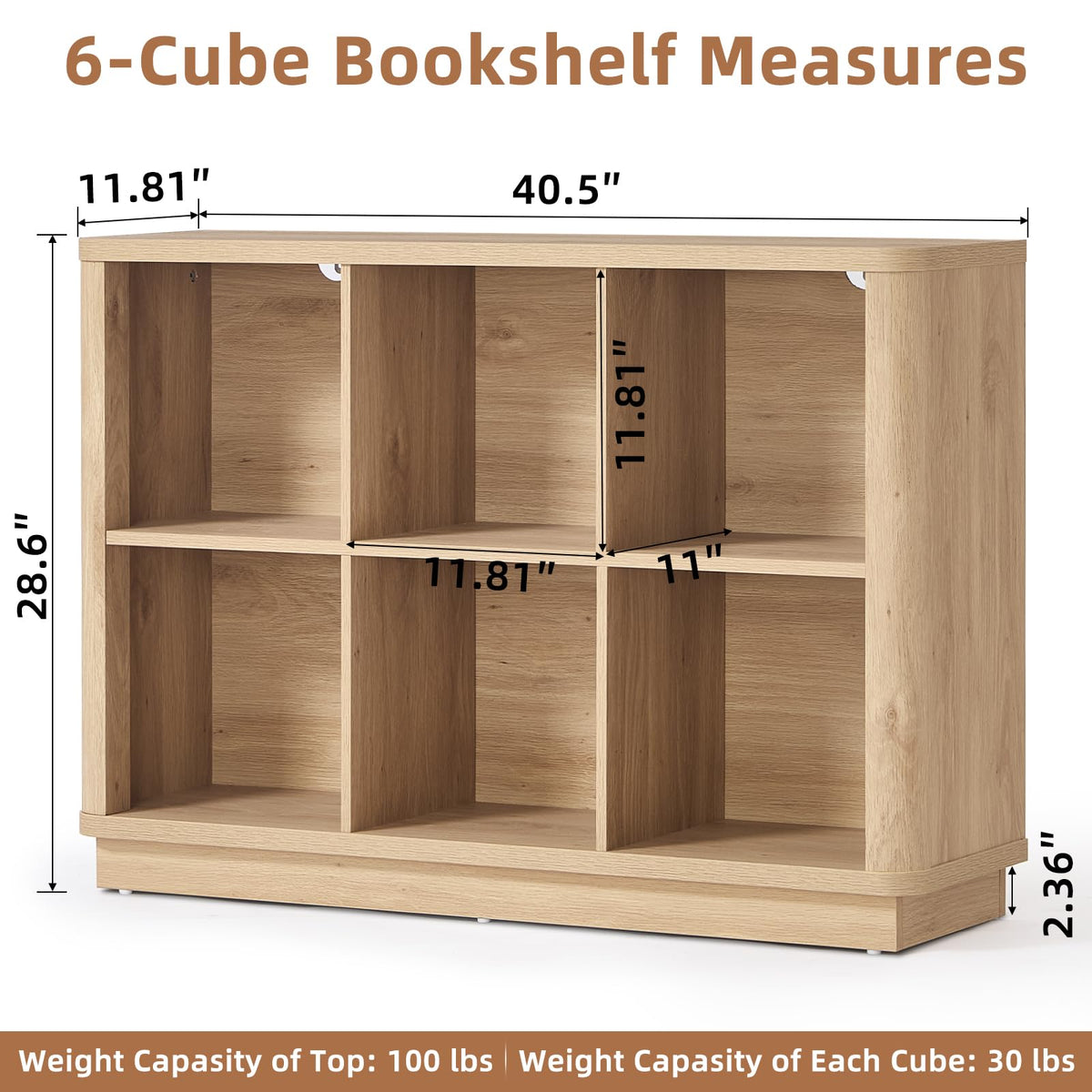 Joaxswe 6 Cube Storage Book Shelf, 40" Wide Low Horizontal Bookcase with Curved Edge, Floor Standing 2-Tier Wooden Bookshelf with Base, Modern Short Book Case for Bedroom, Study, Entryway, Natural Oak