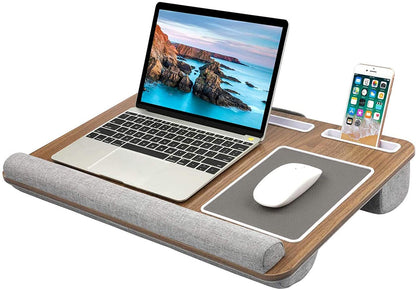 HUANUO Lap Desk - Fits up to 17 inches Laptop Desk, Built in Mouse Pad & Wrist Pad for Notebook, Laptop, Tablet, Lap Stand with Tablet, Pen & Phone Holder, Brown Woodgrain