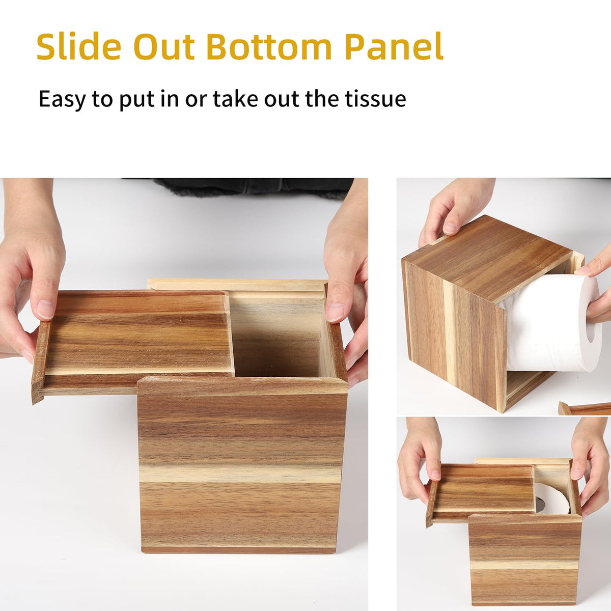 CATORY Tissue Box Cover, Acacia Wood Tissue Box Cover Square, Rustic Tissue Box Holder Covers Your Tissues, Decorative Tissue Cube Box Cover with Slide-Out Bottom
