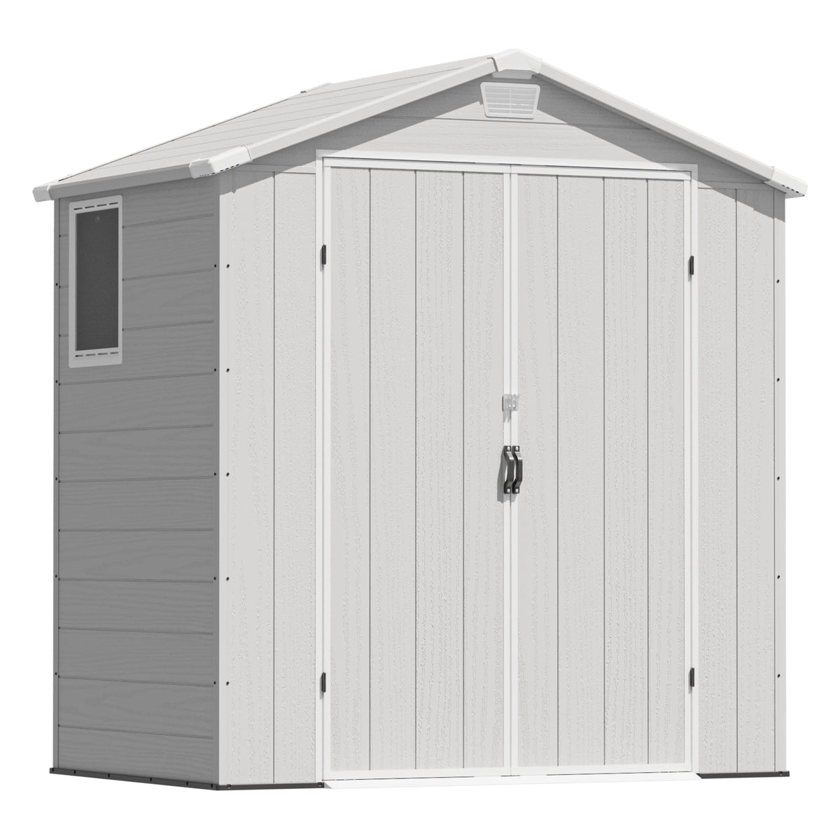 Greesum 6x4FT Plastic Outdoor Storage Shed with Floor, Resin Sheds with Lockable Double Door, Tool Sheds with Window and Vents, for Garden, Patio, Backyard, Light Gray