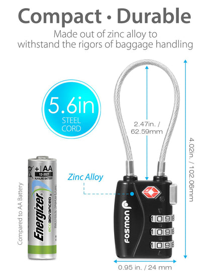 Fosmon TSA Approved Cable Locks for Luggage, Suitcase, Gun Case Locks with Push Release Button, 3 Digit Long Shackle Combination Wire Locks for Backpack Zipper Anti Theft, Gym Locker -3 Pack, Black