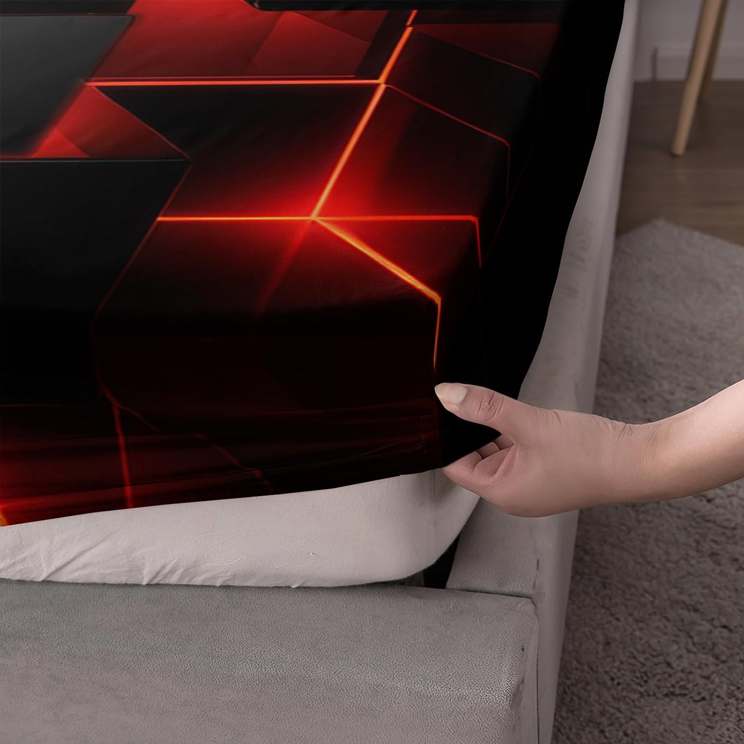 HOSIMA Honeycomb Twin Bedding Sets for Boys,Red Black Geometric Pattern Fitted Sheet for Kids Teens Girls Room Decor,Lightweight Red Neon Lights Bedding Twin Size,1 Fitted Sheet+2 Pillowcases.
